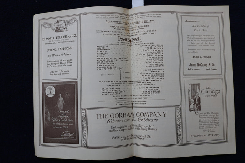 1920 MARCH 19 METROPOLITAN OPERA HOUSE - PARSIFAL PROGRAM - K 1610