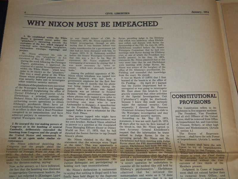 1974 JANUARY CIVIL LIBERTIES NEWSPAPER #300 - IMPEACH RICHARD NIXON - NP 4252E