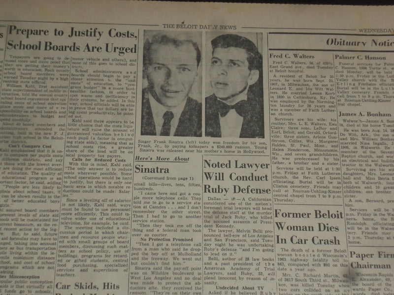 1963 DEC 11 BELOIT DAILY NEWS NEWSPAPER - SINATRA JR. RELEASED, UNHURT - NP 8055