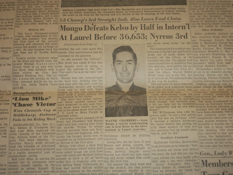 1963 NOVEMBER 12 THE MORNING TELEGRAPH NEWSPAPER - MONGO UPSETS KELSO - NP 3200E