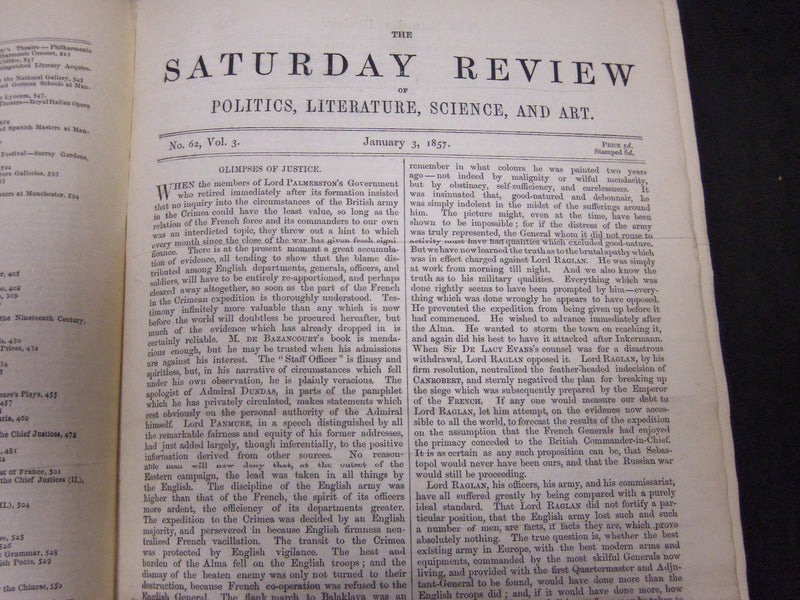 1857 JANUARY-JUNE SATURDAY REVIEW BOUND VOLUME NO. 3 - PUB. IN LONDON - R 1143