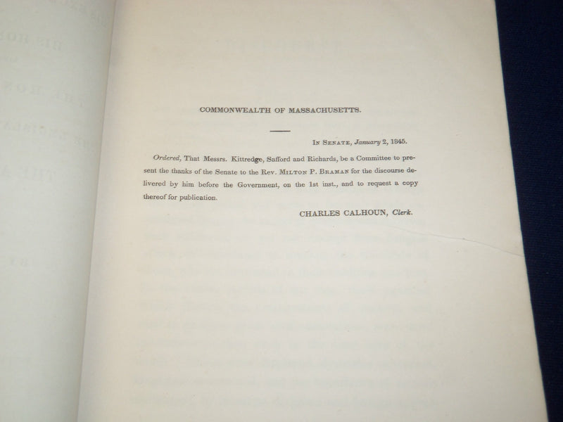 1845 MASSACHUSETTS ANNUAL ELECTION DISCOURSE BY MILTON P. BRAMAN - J 4571