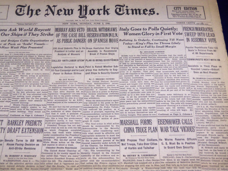 1946 JUNE 3 NEW YORK TIMES - EISENHOWER CALLS WAR TALK VICIOUS - NT 2701