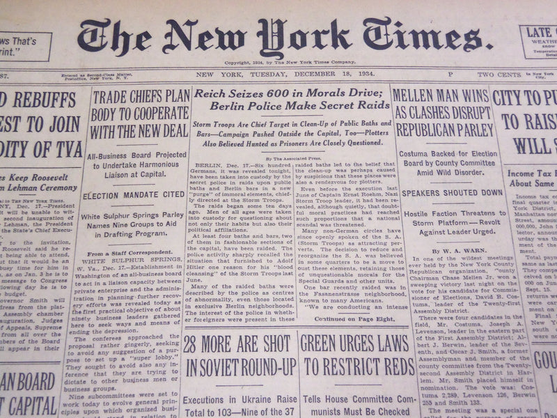 1934 DECEMBER 18 NEW YORK TIMES - REICH SEIZES 600 IN MORALS DRIVE - NT 4219