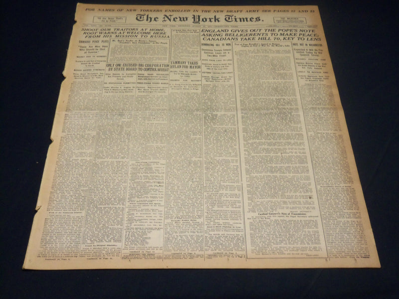 1917 AUGUST 16 NEW YORK TIMES - ENGLAND GIVES OUT POPE'S NOTE - NT 8513