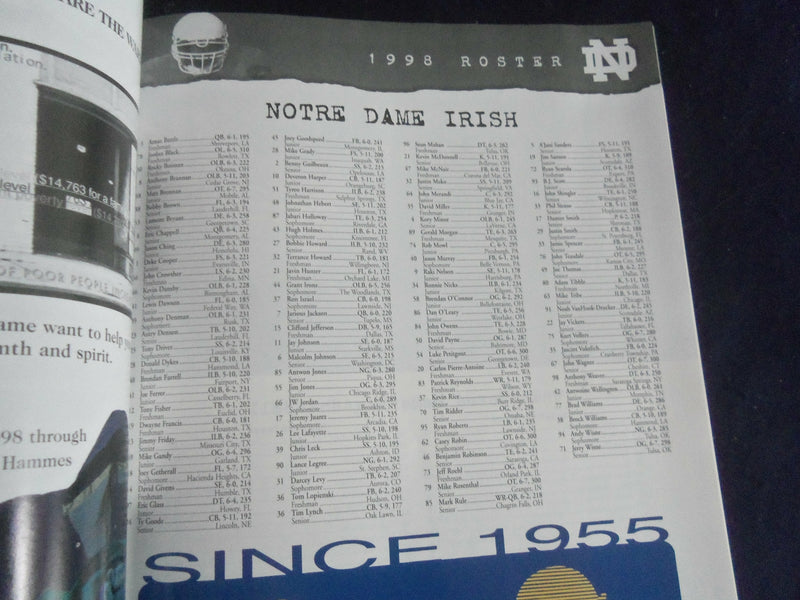 1998 OCTOBER 31 FOOTBALL PROGRAM - NOTRE DAME VS BAYLOR UNIVERSITY - SP 1213J