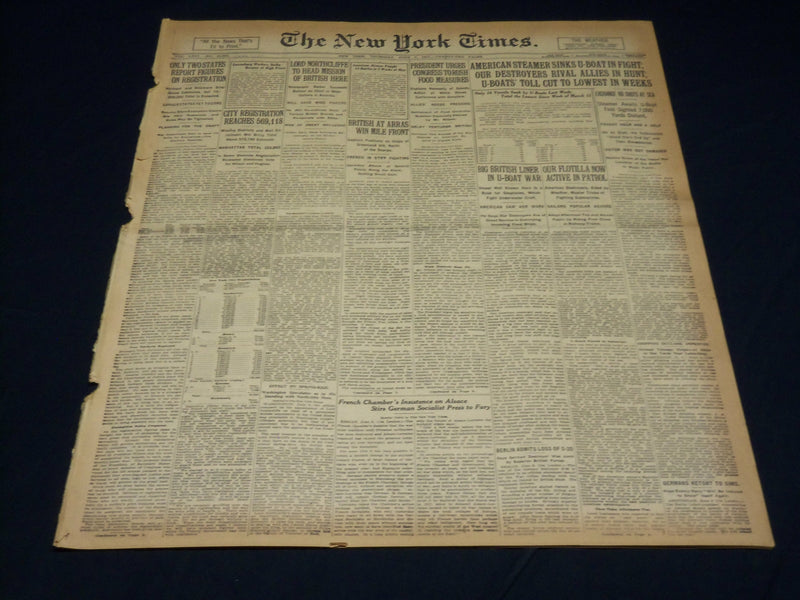 1917 JUNE 7 NEW YORK TIMES NEWSPAPER - AMERICAN STEAMER SINKS U-BOAT - NT 7788