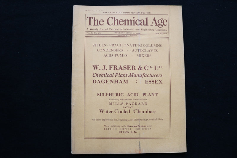 1924 JUNE 21 THE CHEMICAL AGE MAGAZINE - W.J. FRASER & CO. COVER - SP 4924C