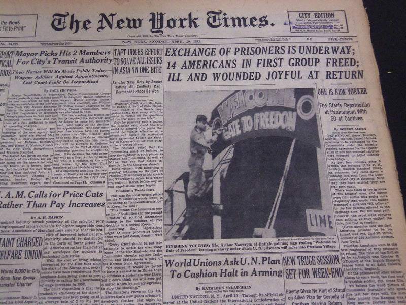 1953 APRIL 20 NEW YORK TIMES - EXCHANGE OF PRISONERS UNDERWAY - NT 4608