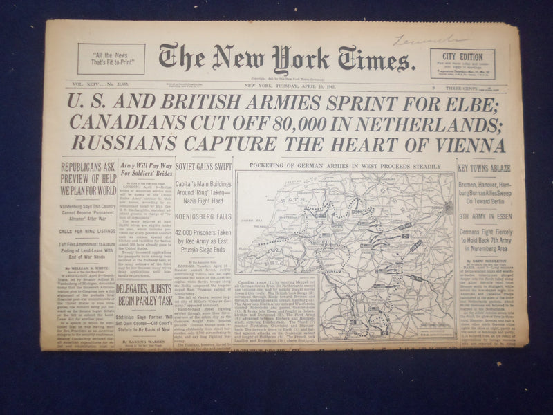 1945 APRIL 10 NEW YORK TIMES - U.S. AND BRITISH ARMIES SPRINT FOR ELBE - NP 6691