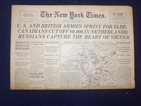 1945 APRIL 10 NEW YORK TIMES - U.S. AND BRITISH ARMIES SPRINT FOR ELBE - NP 6691
