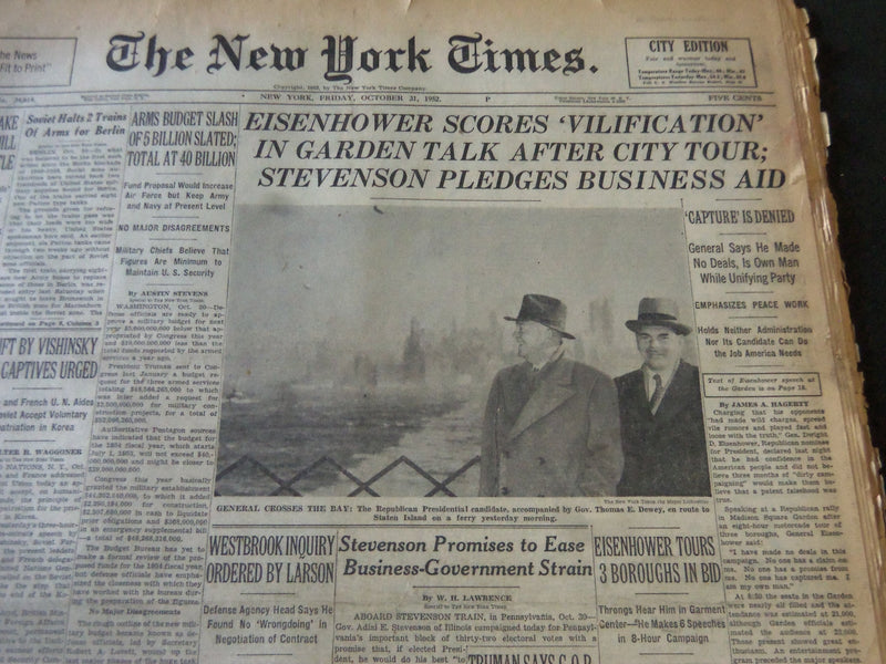 1952 OCT 31 NEW YORK TIMES - EISENHOWER SCORES VILLIFICATION IN GARDEN - NT 5983