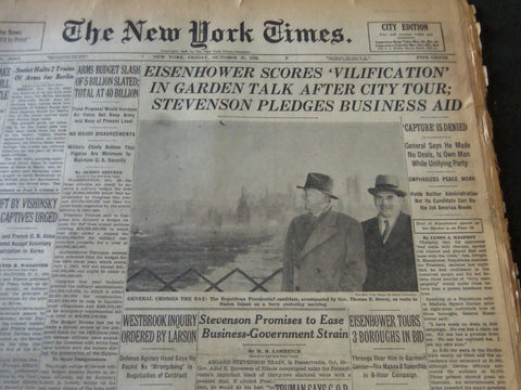 1952 OCT 31 NEW YORK TIMES - EISENHOWER SCORES VILLIFICATION IN GARDEN - NT 5983