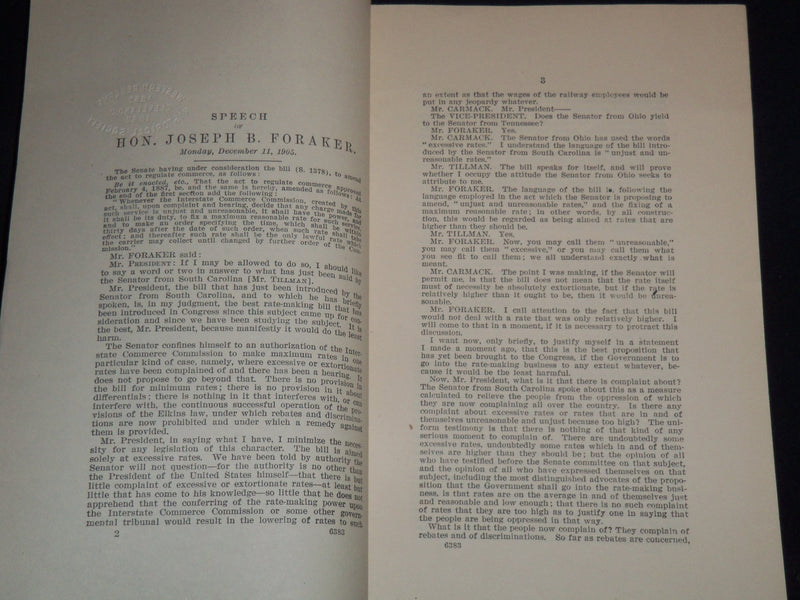 1905 HON. JOSEPH FORAKER RAILWAY RATE REGULATION SPEECH - J 8946