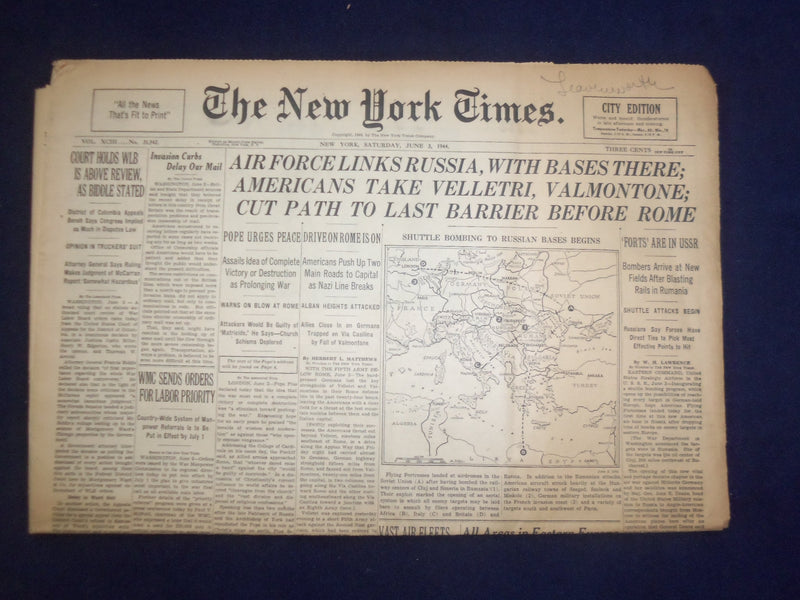 1944 JUNE 3 NEW YORK TIMES - AIR FORCE LINKS RUSSIA, WITH BASES THERE - NP 6558