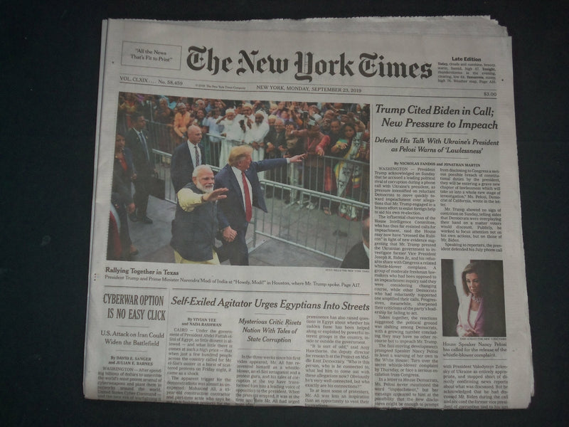 2019 SEPTEMBER 23 NEW YORK TIMES- TRUMP CITED BIDEN IN CALL; PRESSURE TO IMPEACH