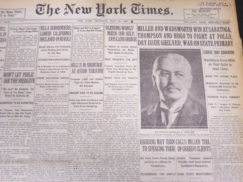 1920 JULY 29 NEW YORK TIMES VILLA SURRENDERS, BANDIT OBTAINS CITIZENSHIP- NT5367