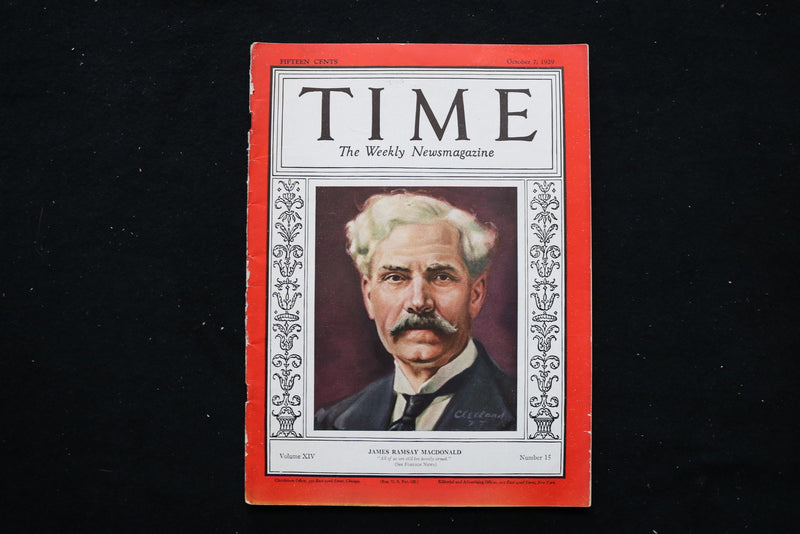 1929 OCTOBER 7 TIME MAGAZINE - JAMES RAMSAY MACDONALD COVER - T 3578