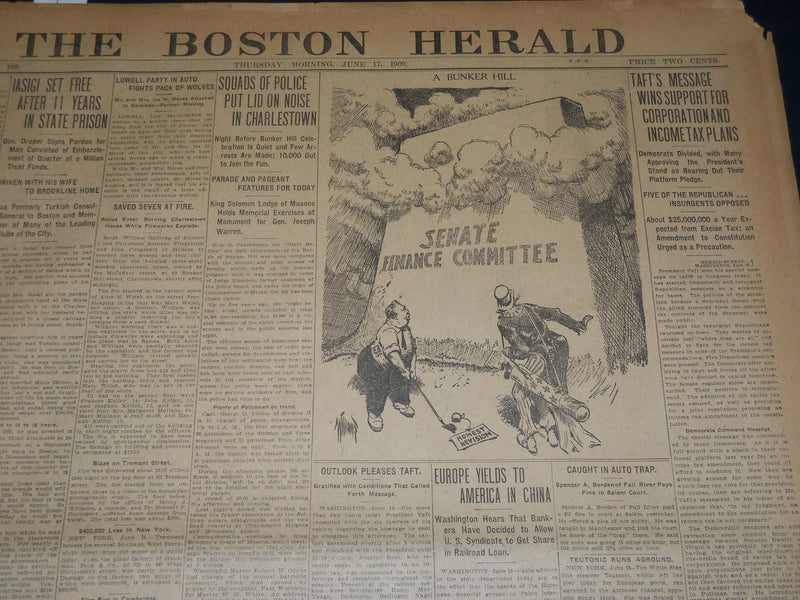 1909 JUNE 17 THE BOSTON HERALD - TAFT WINS SUPPORT FOR TAX PLANS - BH 376