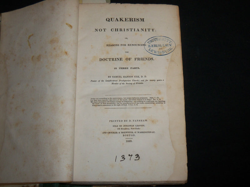 1833 QUAKERISM NOT CHRISTIANITY SAMUEL COX HARDCOVER BOOK - KD 6614