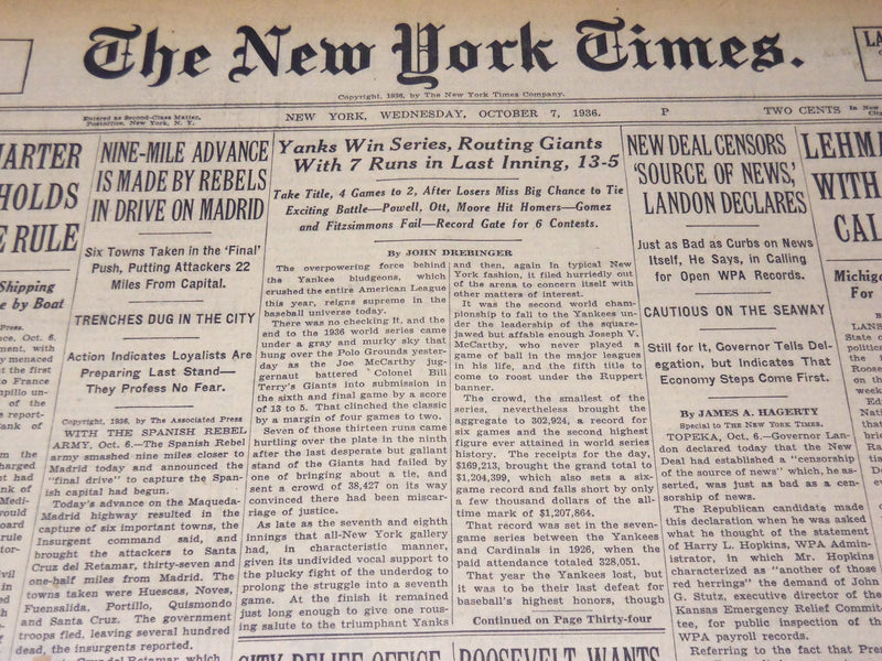 1943 WORLD SERIES YANKEES DEFEAT CARDINALS NEW YORK TIMES LOT OF 6 - NT XXXX