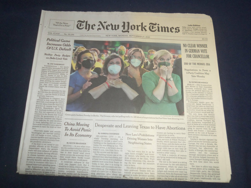 2021 SEPTEMBER 27 NEW YORK TIMES - NO CLEAR WINNER IN GERMAN VOTE FOR CHANCELLOR
