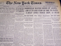 1940 APRIL 8 NEW YORK TIMES - NORWEGIAN WATERS MINED - NT 2897