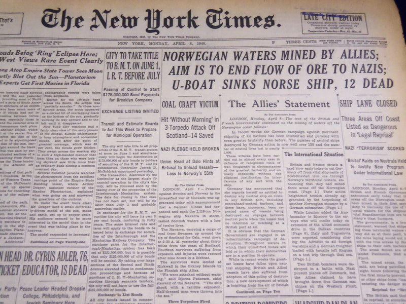 1940 APRIL 8 NEW YORK TIMES - NORWEGIAN WATERS MINED - NT 2897