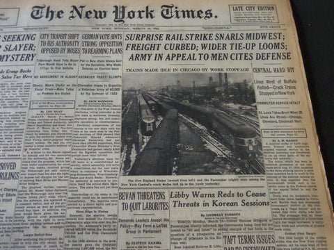 1952 MARCH 10 NEW YORK TIMES - SURPRISE RAIL STRIKE SWARLS MIDWEST - NT 5927