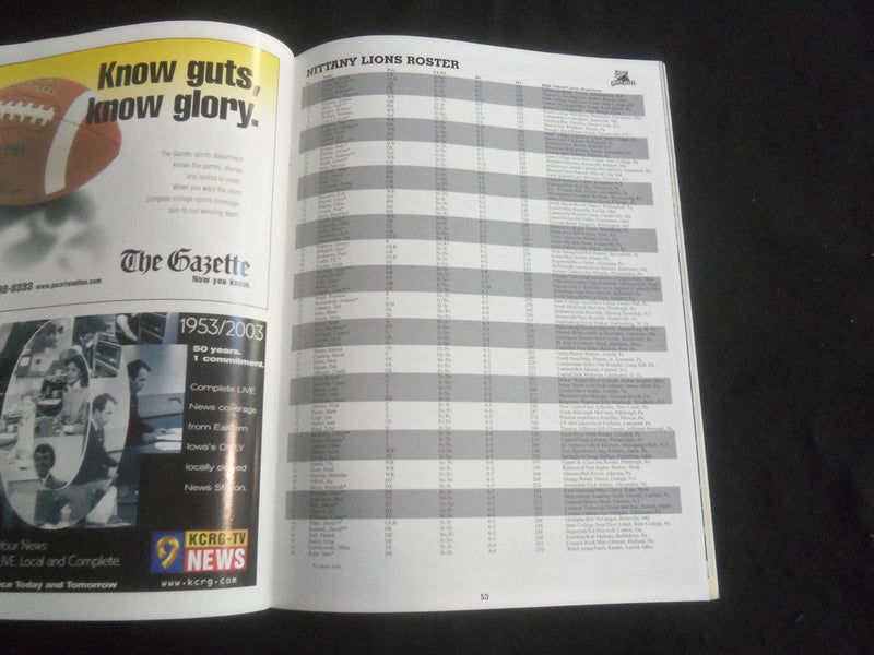2003 OCTOBER 25 FOOTBALL PROGRAM - UNIV OF IOWA VS PENN STATE UNIV - B 5533Y