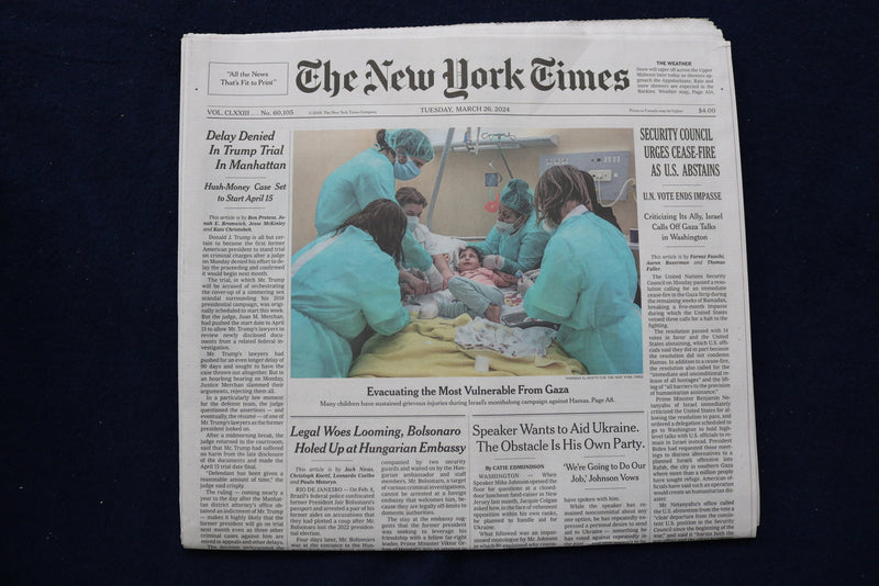 2024 MARCH 26 NEW YORK TIMES-SECURITY COUNCIL URGES CEASE-FIRE AS U.S. ABASTAINS