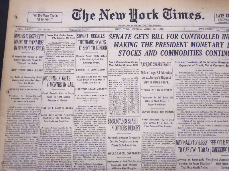 1933 APRIL 21 NEW YORK TIMES - MIND IS ELECTRICITY IN BRAIN SAYS CRILE - NT 5237