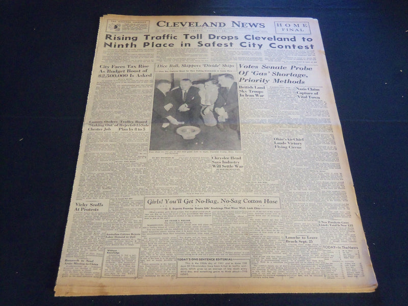 1941 AUGUST 26 CLEVELAND NEWS NEWSPAPER - NINTH PLACE AS SAFEST CITY - NT 7408