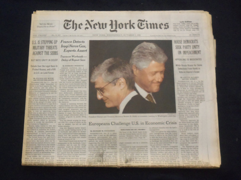 1998 OCT 7 NEW YORK TIMES NEWSPAPER - DEMS SEEK UNITY ON IMPEACHMENT - NP 7093