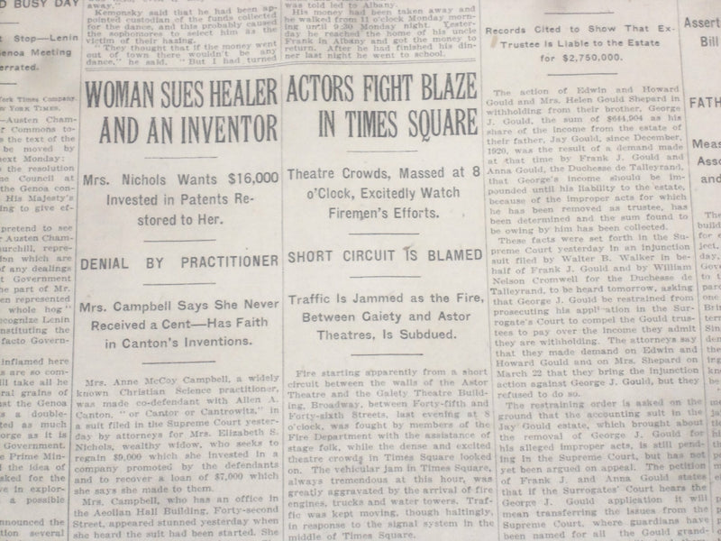1922 MARCH 30 NEW YORK TIMES - ACTORS FIGHT BLAZE IN TIMES SQUARE - NT 8321