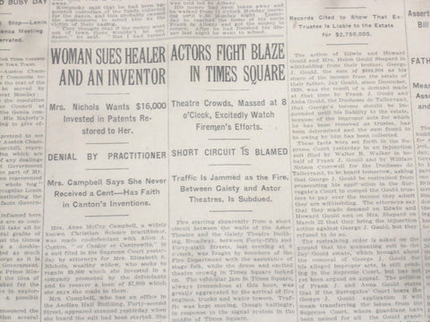 1922 MARCH 30 NEW YORK TIMES - ACTORS FIGHT BLAZE IN TIMES SQUARE - NT 8321