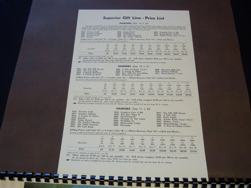 1958 SUPERIOR GIFT LINE HANGERS CALENDAR SALESMAN SAMPLE SHEETS BOOK - C 6