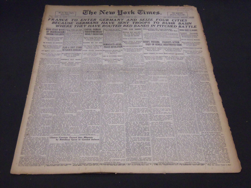 1920 APRIL 5 NEW YORK TIMES - FRANCE SEIZES 4 GERMAN CITIES - NT 5038