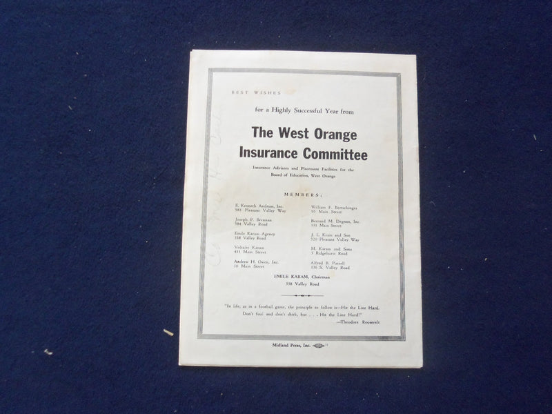 1958 NOV 1 HIGH SCHOOL FOOTBALL PROGRAM - WEST ORANGE VS. BLOOMFIELD - J 8446