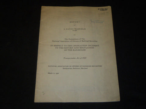 1920 DAVIES WARFIELD REPORT TO OWNERS OF RAILROAD SECURITIES - J 5421