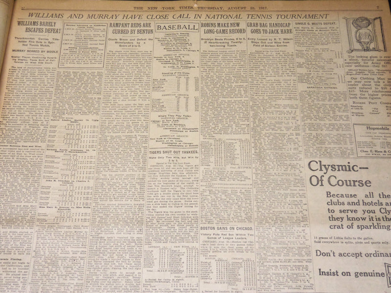 1917 AUGUST 23 NEW YORK TIMES - RIGA ROBINS BEAT PIRATES IN 22 INNINGS - NT 8523