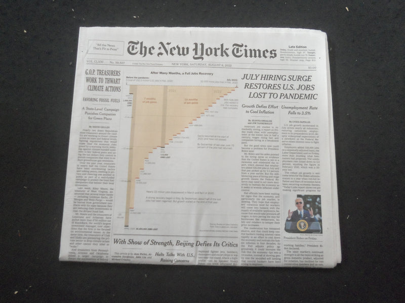 2022 AUG 6 NEW YORK TIMES JULY HIRING SURGE RESTORES U.S. JOBS LOST TO PANDEMIC
