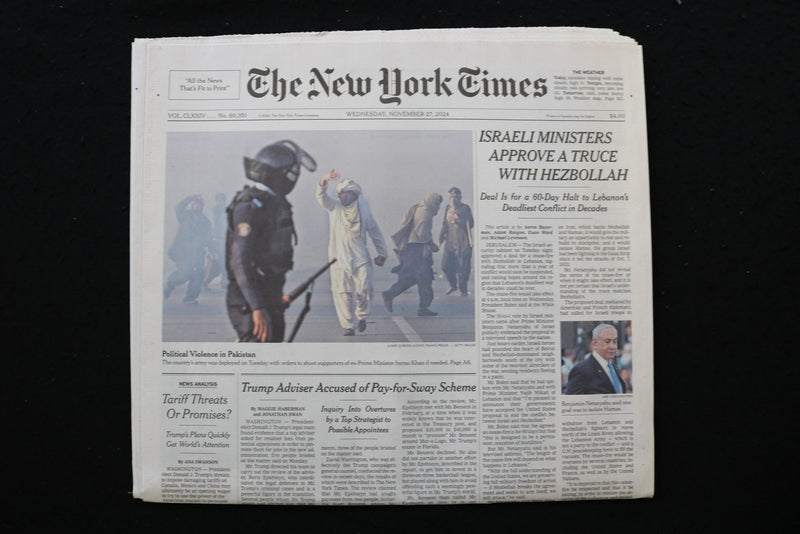2024 NOVEMBER 27 NEW YORK TIMES - ISRAELI MINISTERS APPROVE TRUCE WITH HEZBOLLAH
