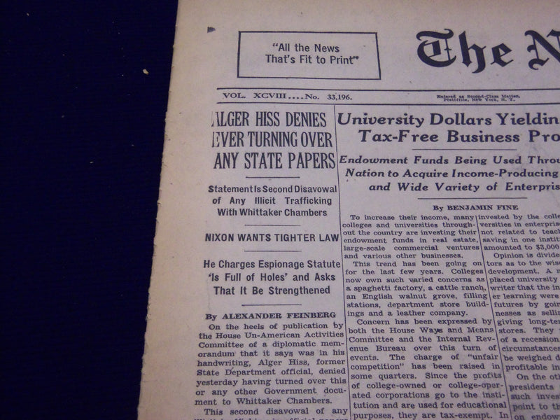 1948 DEC 13 NEW YORK TIMES - ALGER HISS DENIES TURNING OVER STATE PAPERS- NT 136