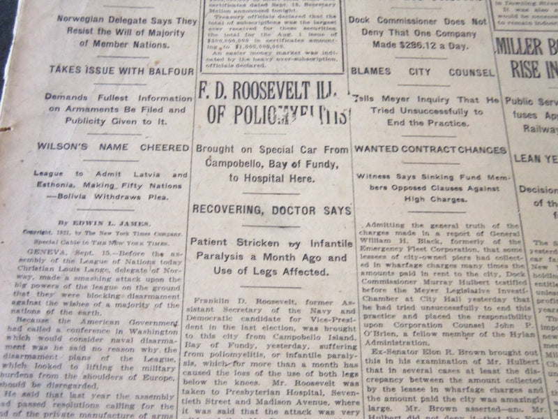 1921 SEPTEMBER 16 NEW YORK TIMES - F. D. ROOSEVELT ILL OF POLIOMYELITIS- NT 5480