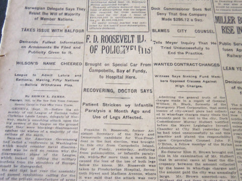 1921 SEPTEMBER 16 NEW YORK TIMES - F. D. ROOSEVELT ILL OF POLIOMYELITIS- NT 5480