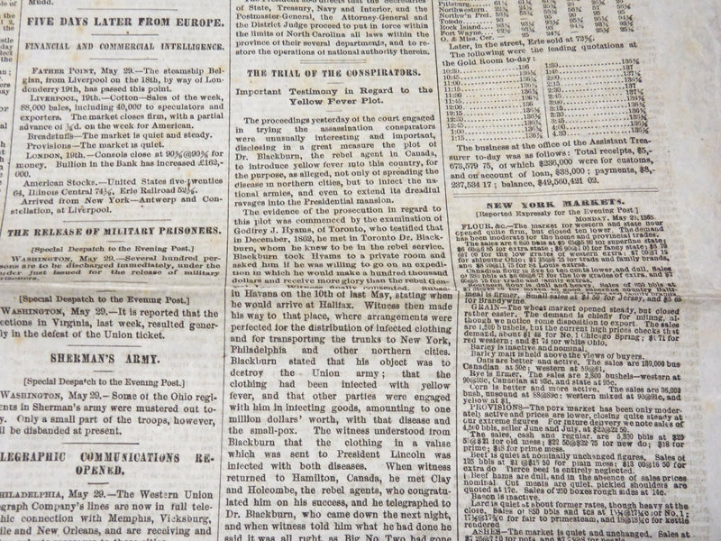 1865 MAY 30 THE EVENING POST NEWSPAPER - JEFF. DAVIS - SURRATT - NP 4956