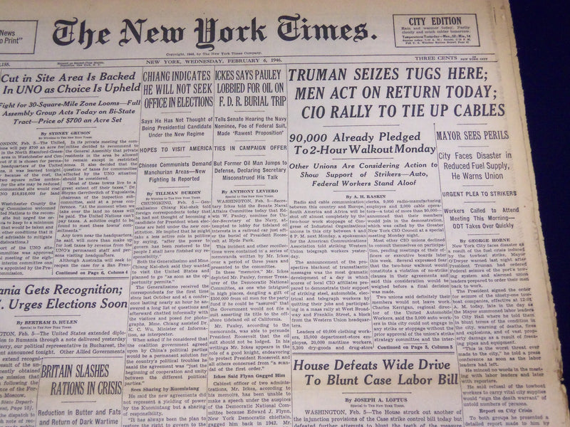 1946 FEBRUARY 6 NEW YORK TIMES - TRUMAN SEIZES TUGS HERE - NT 2311