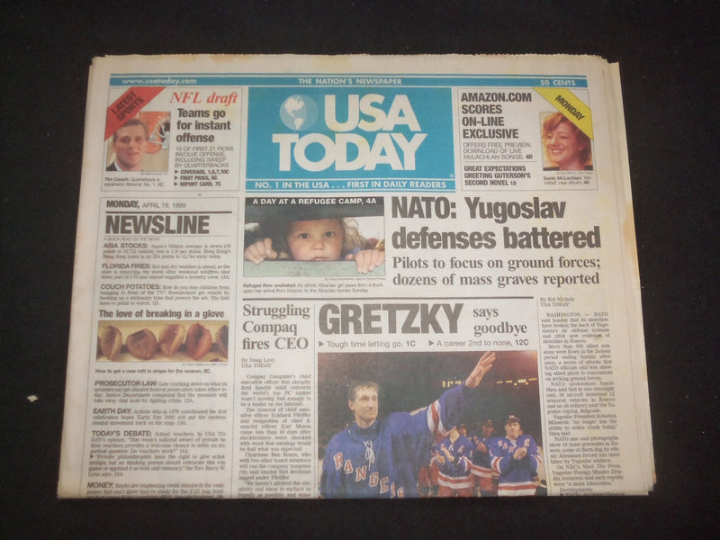 1999 APRIL 19 USA TODAY NEWSPAPER - WAYNE GRETZKY SAYS GOODBYE, RETIRES- NP 8024