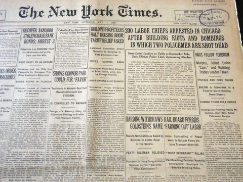 1922 MAY 11 NEW YORK TIMES - 200 LABOR CHIEFS ARRESTED IN CHICAGO - NT 5822